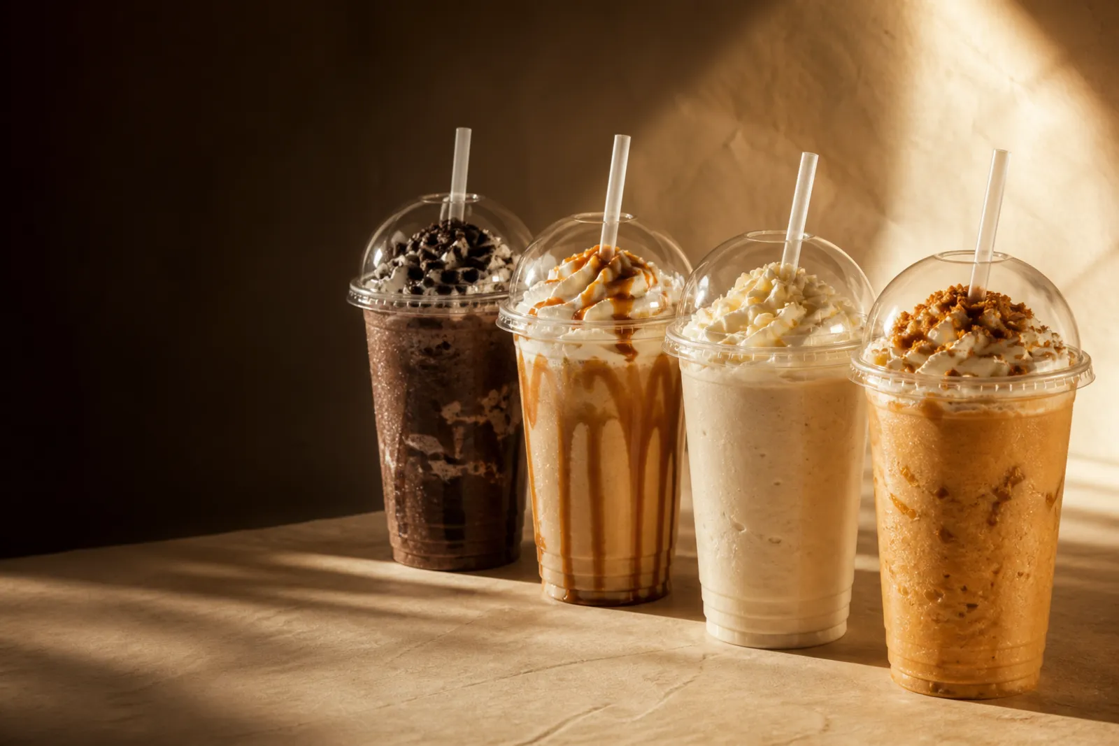 A lineup of colorful Bliss Hue frappes